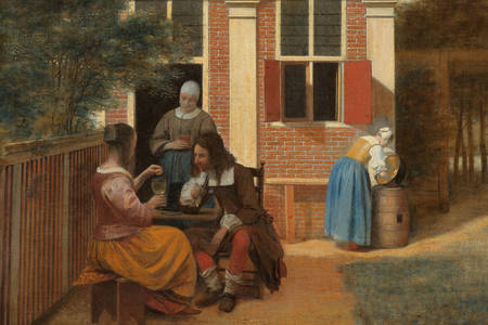 Pieter de Hooch: Gezelschap op een binnenplaats achter een huis