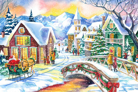Akvarel božićno selo
