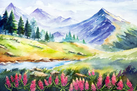 Akvarelová horská krajina