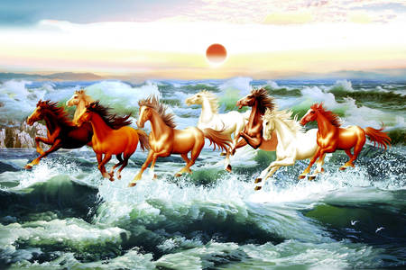 Koně běžící na vlnách