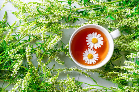 Šálka ​​čaju na pozadí poľných kvetov