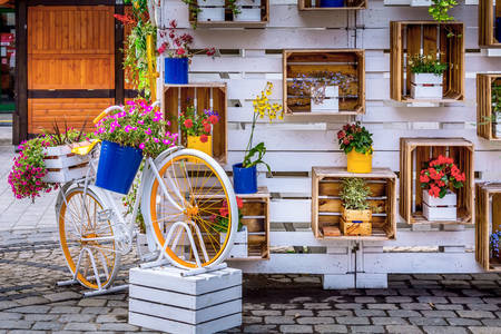 Ποδήλατο και ξύλινο ράφι με λουλούδια