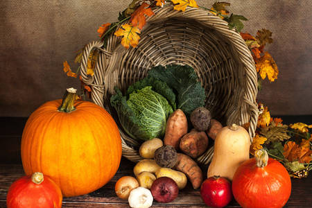 Basket with pumpkins and vegetables