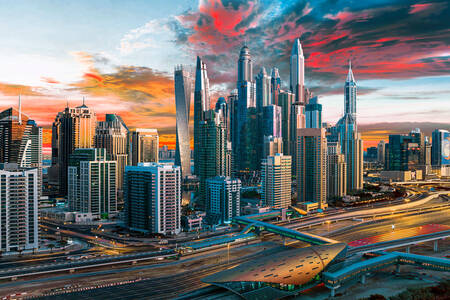 Dubai wolkenkrabbers bij zonsondergang