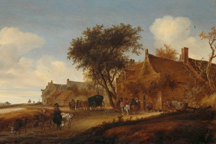 Salomon van Ruysdael: "Ett byhus med stagecoach"