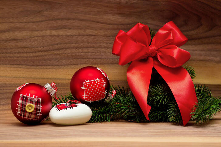 Christmas ornaments on a wooden background