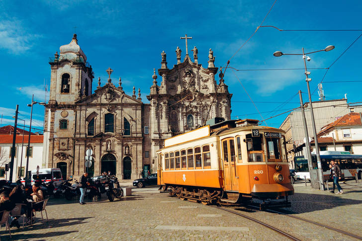 Carmo Church and retro tram in Porto