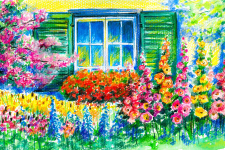 Blommande trädgård utanför fönstret
