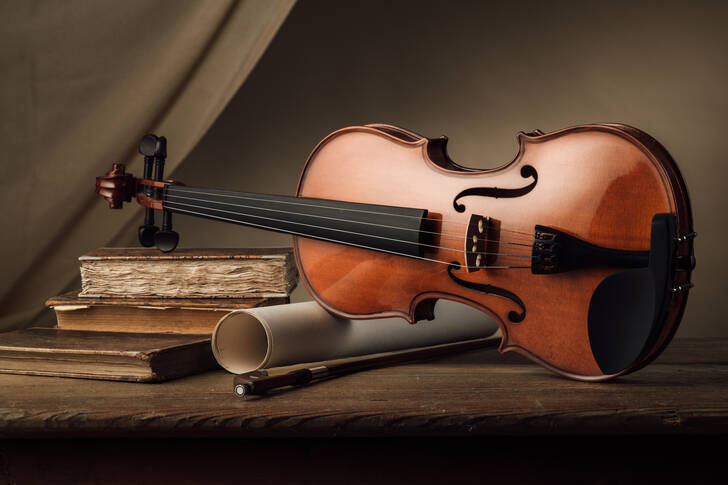 Violin and books on the table