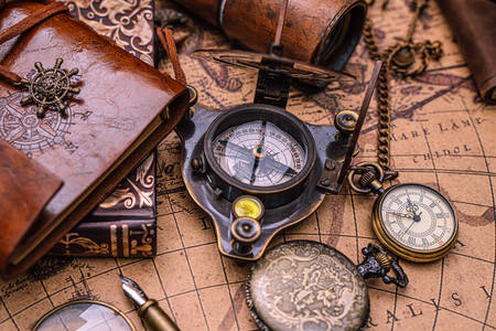 Map, compass and clock