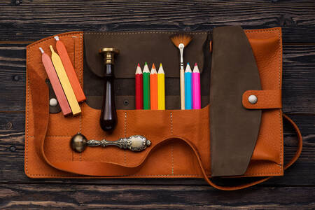Pencils in a leather case