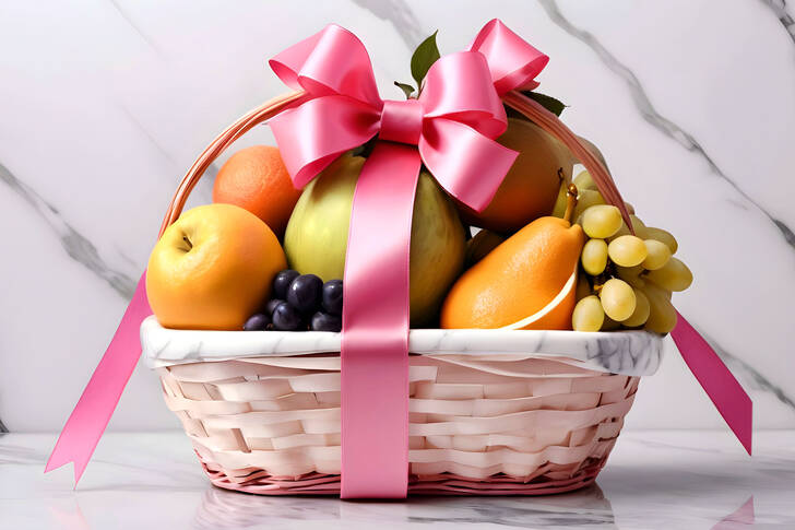 Fruits in a basket with a pink bow