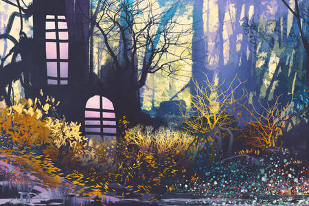 Ilustracja z domem w pniu drzewa