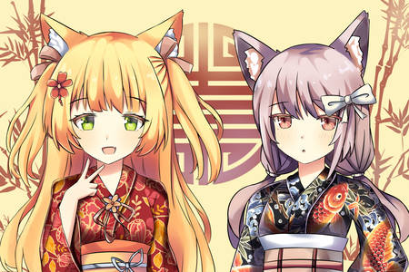 Cat girls in kimono