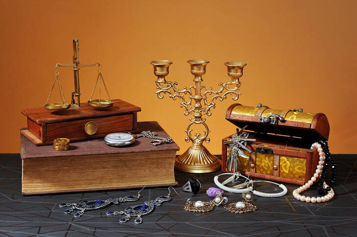 Jewelry, jewelry box and candlestick