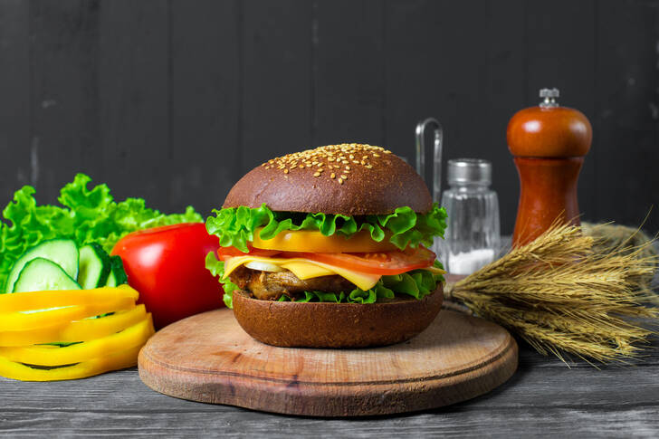 Hamburger on a wooden board