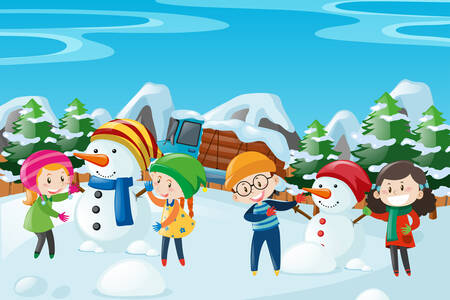 Children playing with snowmen