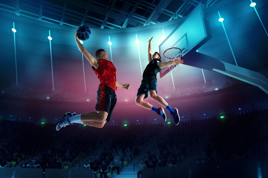 Basketbalspelers springen