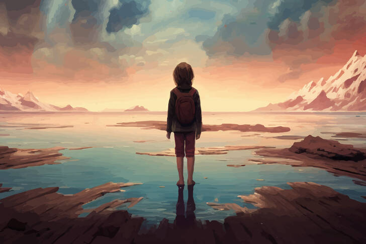 Un bambino presso un lago di montagna