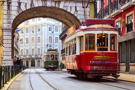 Retro trams on the streets of Lisbon