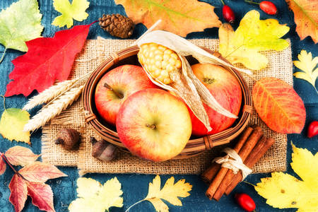 Apples and autumn leaves