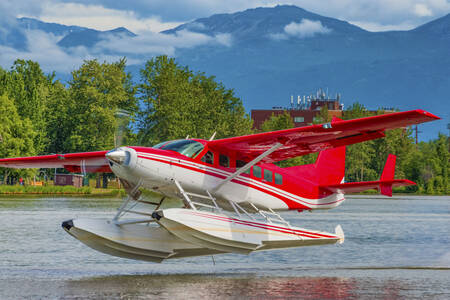 Red and white seaplane