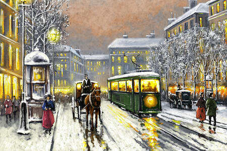 Karlı bir sokakta tramvay