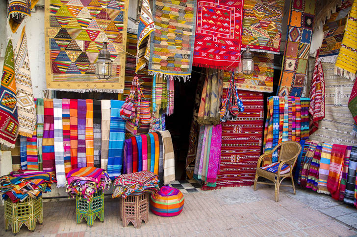 Colorful fabrics at Agadir market in Morocco