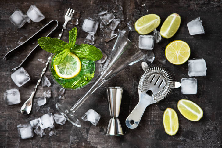 Mojito with mint and bar accessories