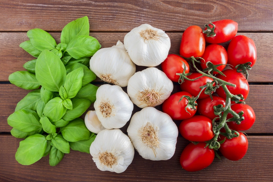 Basil, bawang putih dan tomat