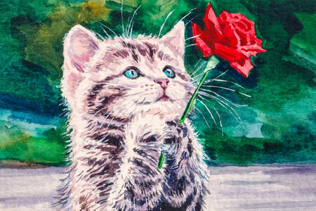 Kociak z różą