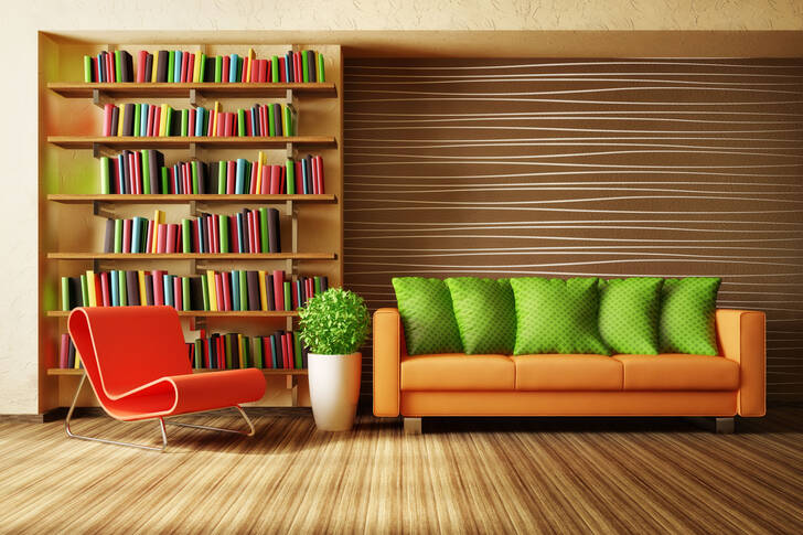 Interiér obývacího pokoje s knihovnou