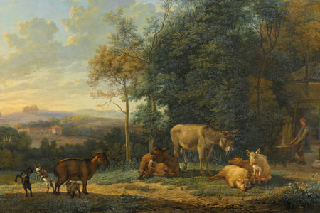 Karel Dujardin: "Landscape with Two Donkeys, Goats and Pigs"