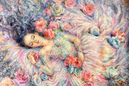 Çiçekler içinde uyuyan kız