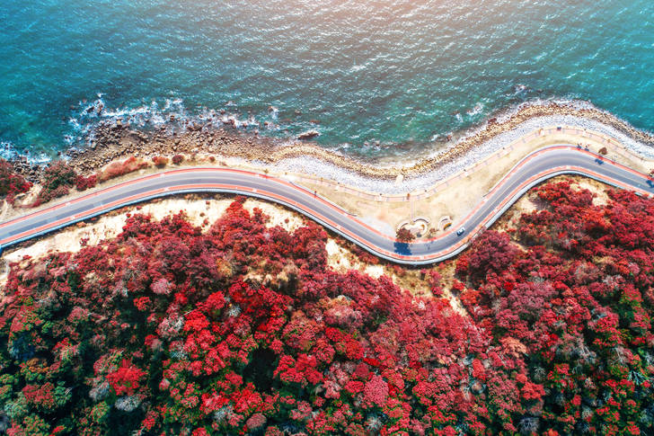 Top view of the road along the coast