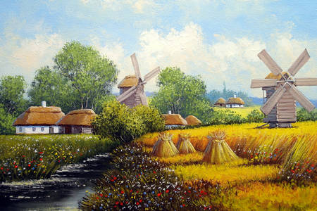 Ukrainisches Dorf mit Mühlen