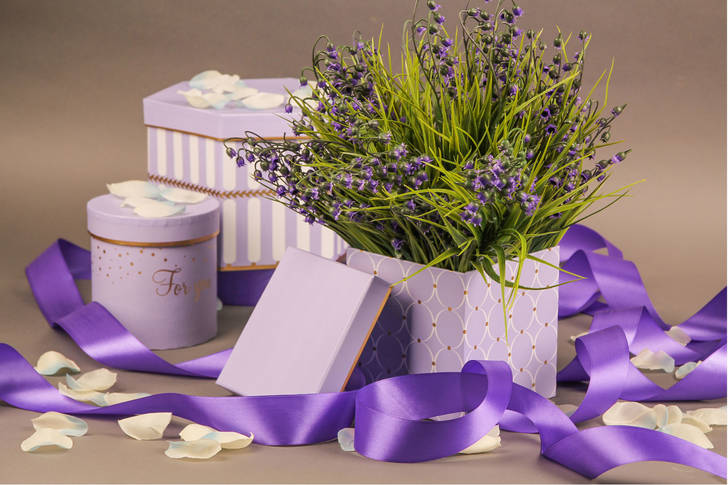 Lavender bouquet and gift boxes
