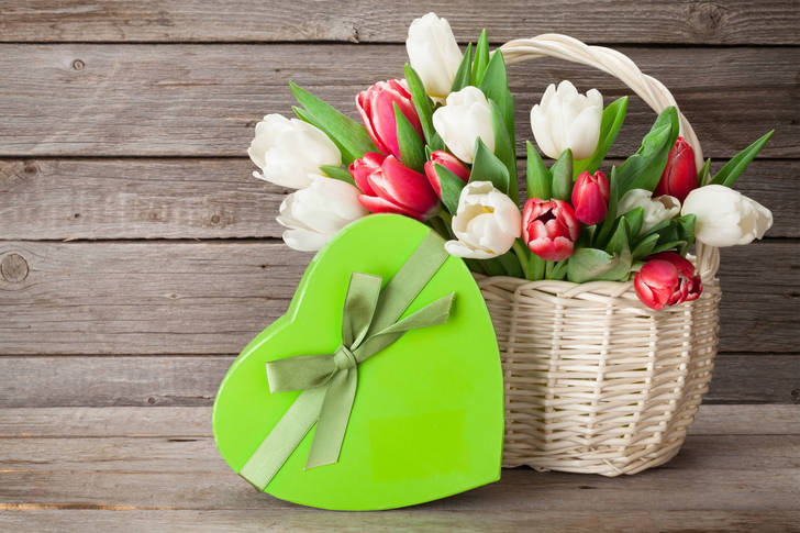 Tulips in a basket and a gift