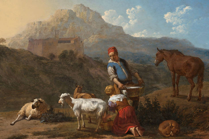 Karel Dujardin: "Italian Landscape with Girl Milking a Goat"