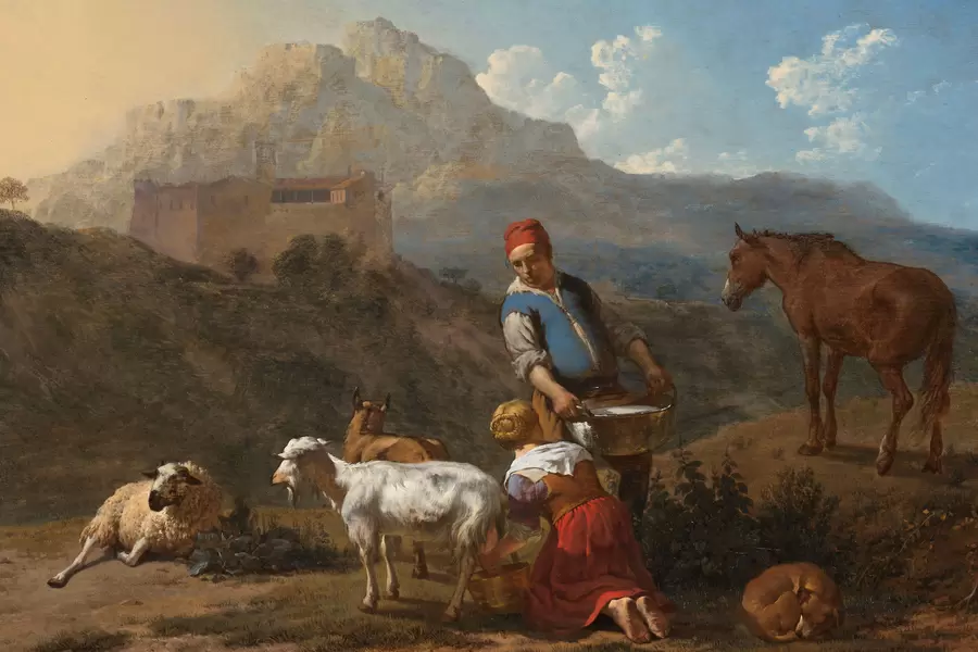 Karel Dujardin: "Italiaans landschap met meisje die een geit melkt"