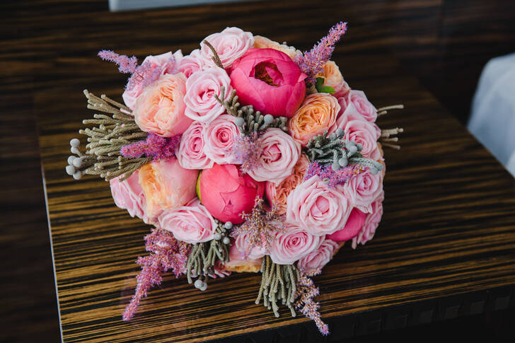 Bride's bouquet on a wooden table