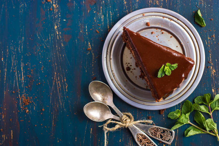 A piece of chocolate cake with mint