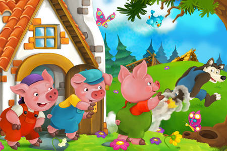 Ritning för sagan "Tre små grisar"