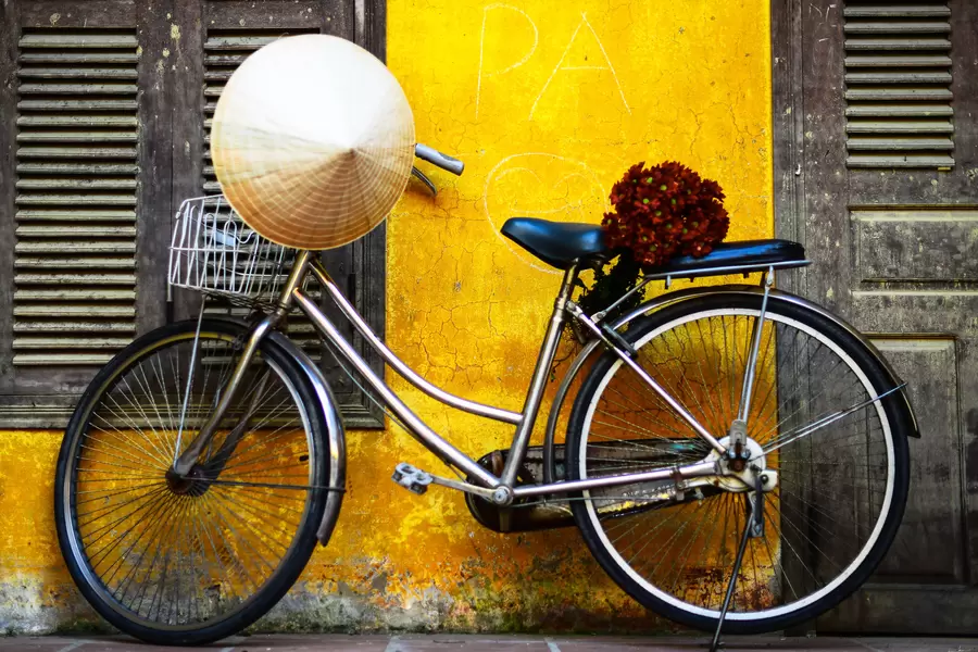 Fiets met bloemen en Aziatische hoed