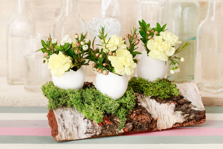 Flower arrangement on a log