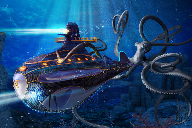 Een gigantische octopus valt een onderzeeër aan