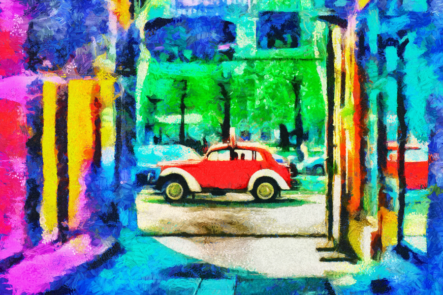 Rotes Auto in Ölmalerei