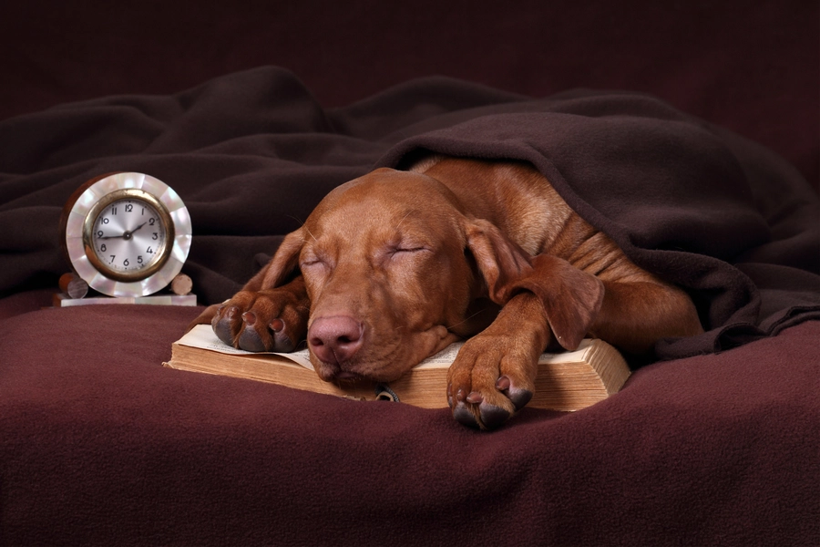 Puppy slaapt op een boek