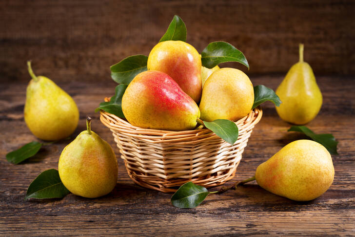 Pears in a basket on the table