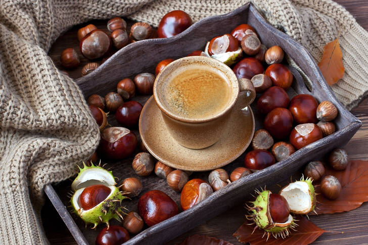 A cup of coffee and chestnuts